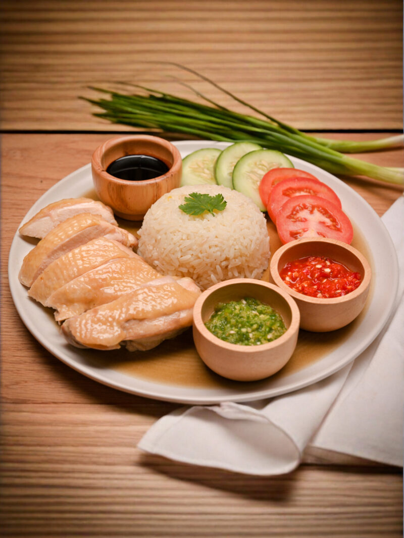 Delicious Hainanese chicken rice served with yummy steamed chicken